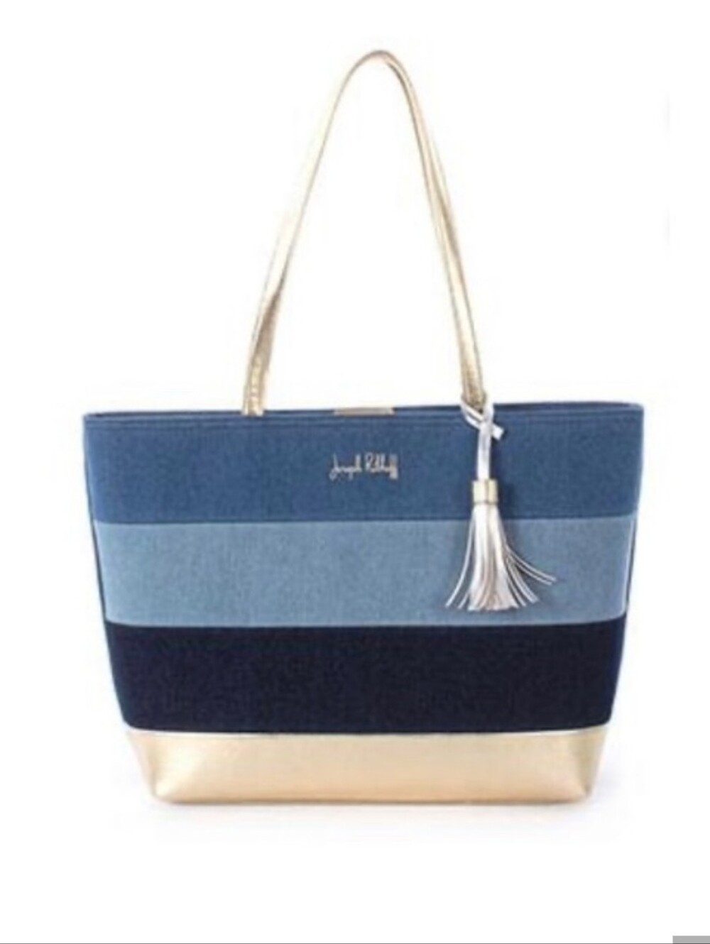 Joseph Ribkoff Striped Navy, Denim & Light Blue Tote with Gold Accents